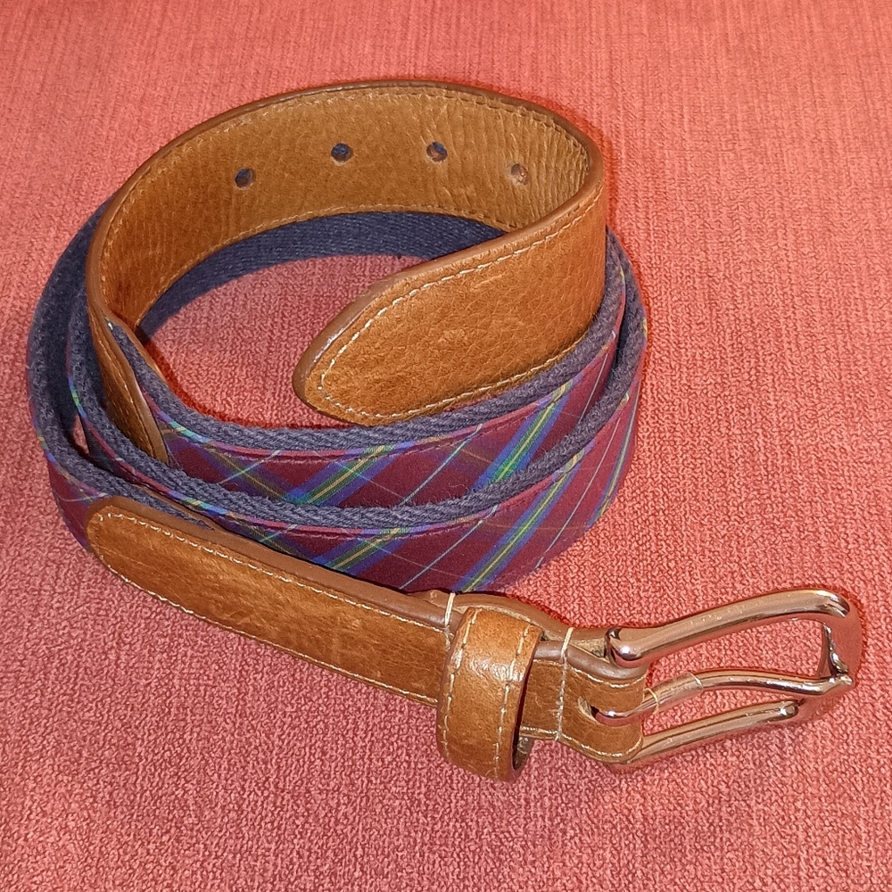 Donald Ross Navy Red Plaid men's Cotton Leather Belt 36